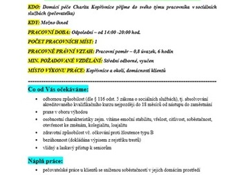 Volné pracovní místo v Charitě Kopřivnici